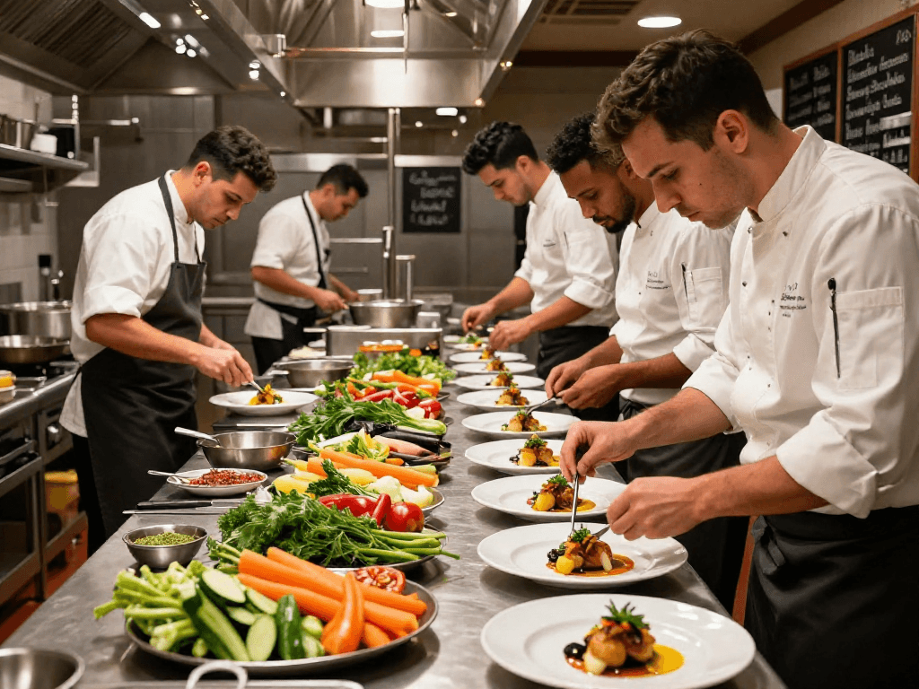 Chef skillfully arranging gourmet plates in a busy kitchen slot for dinner service.
