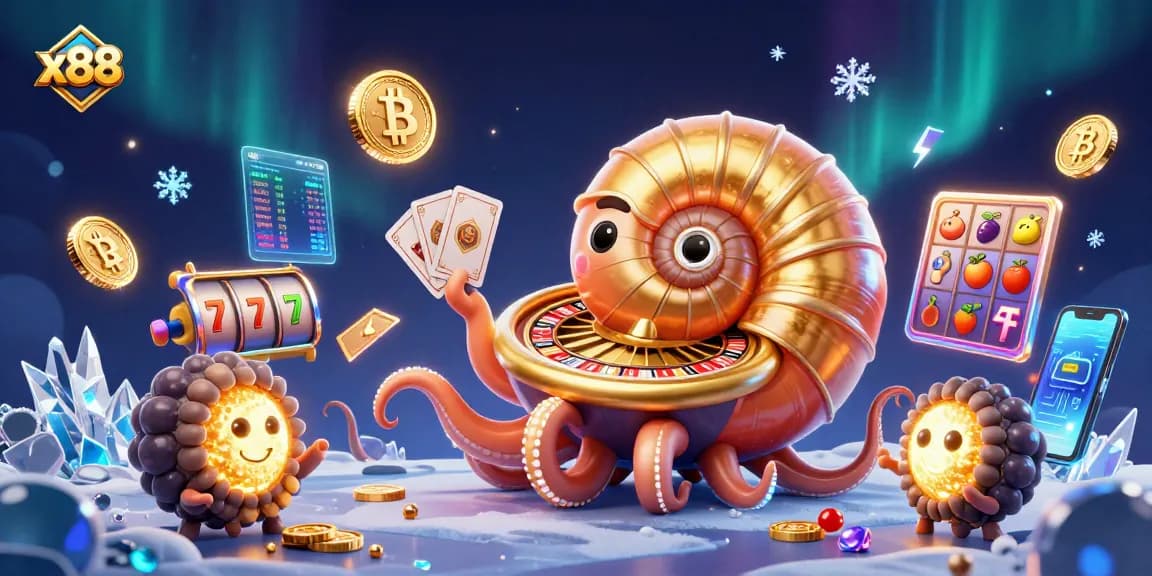 Experience thrilling x88 slots with an ancient nautilus roulette, glowing crypto coins, and vibrant fruit symbols.
