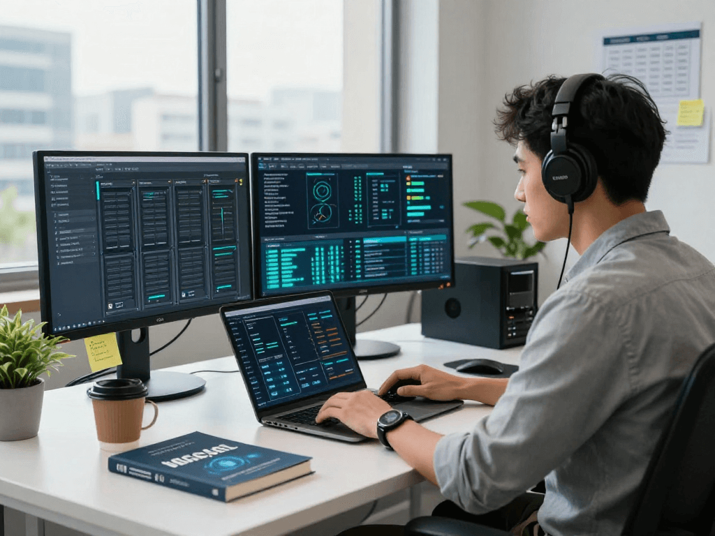 Gestión de servidores VPS por profesional en oficina moderna con pantallas y laptop.