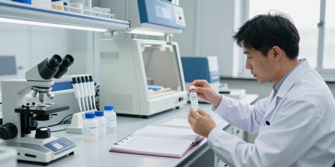 Researcher handling a lyophilized peptide vial in a bright laboratory environment.