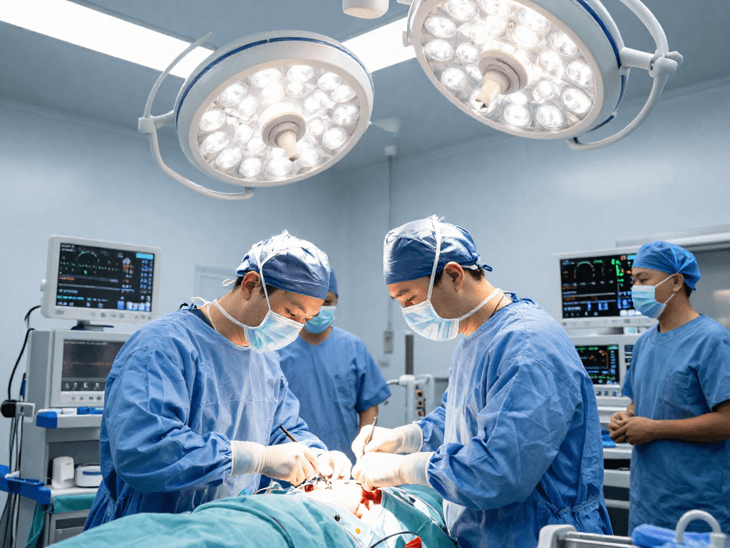 Bel kayması ameliyatı in progress with a skilled surgeon and surgical team in a modern operating room.