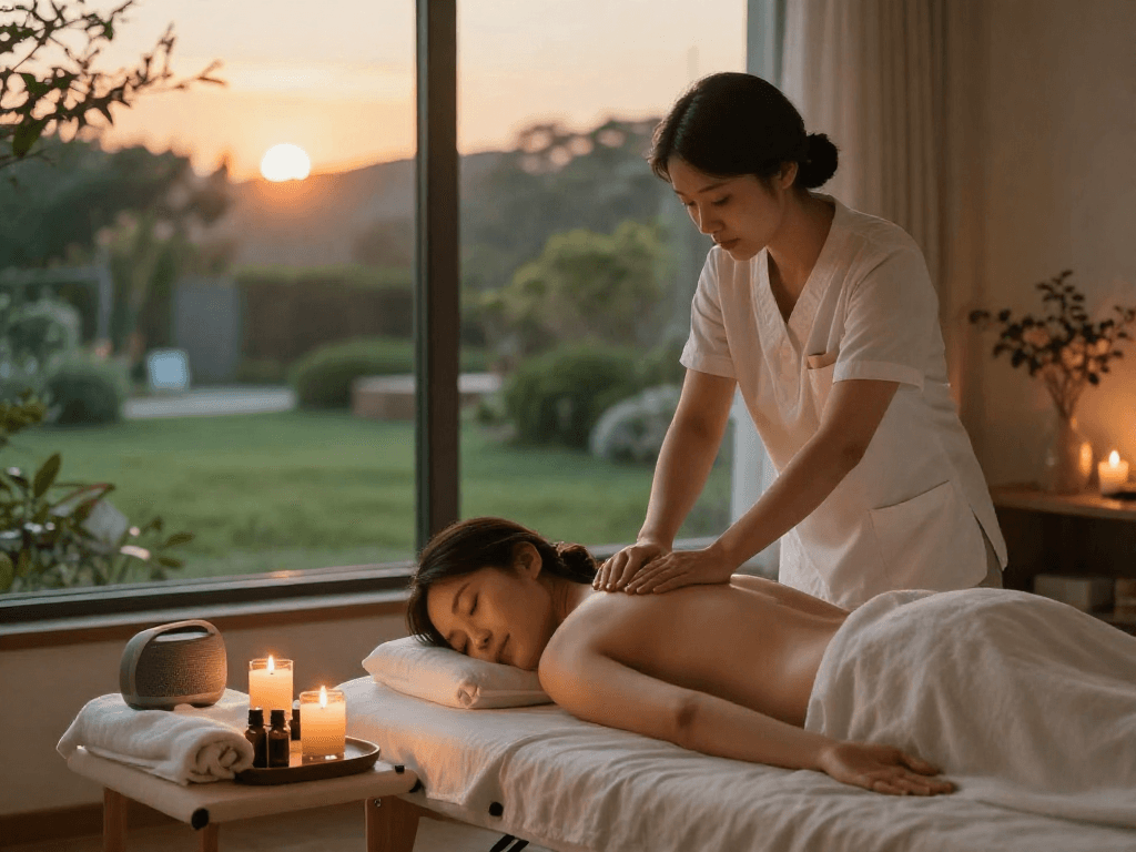 Experience a tranquil 성동구출장마사지 session in a cozy home setting with soothing elements.