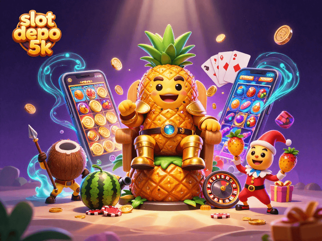 Experience the excitement of slot depo 5k with a carnival scene of vibrant, animated characters and casino elements.