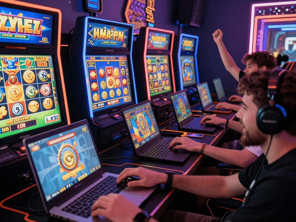 Excited players celebrating winnings while engaging with gacor slot games in a modern gaming lounge.