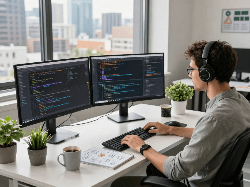 Motchill developer in a vibrant workspace coding with multiple monitors and coffee, reflecting tech innovation.