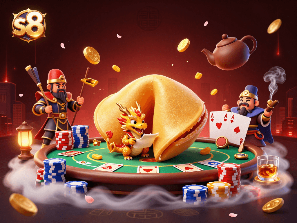 Engage in exciting s8 experiences with a dynamic scene of a golden fortune cookie and poker elements.