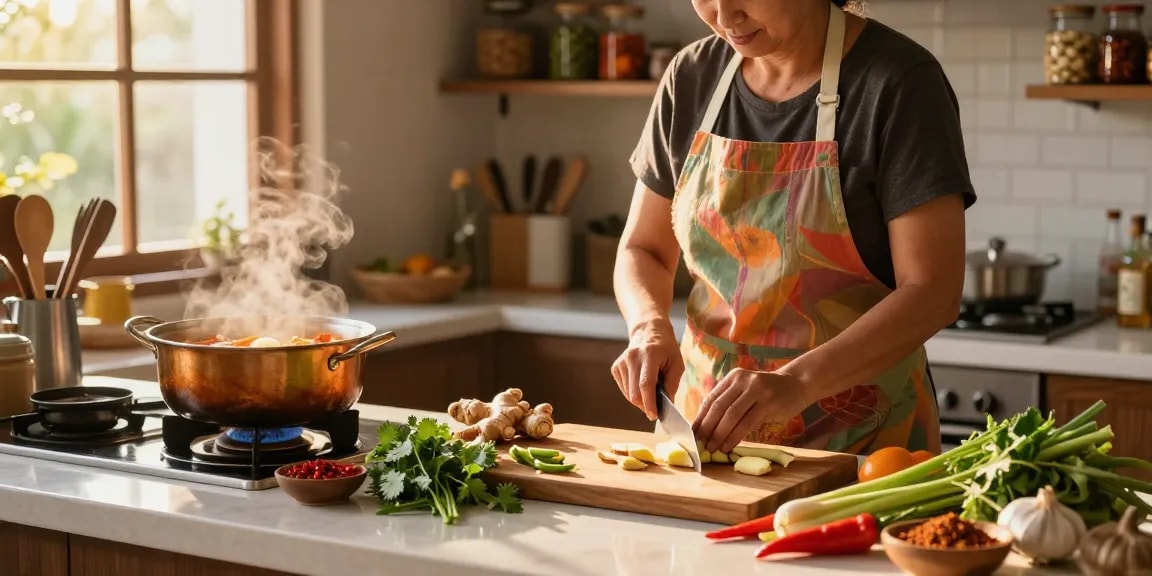 Chef preparing traditional Thai ginger dish with fresh ingredients in a warm kitchen scene, showcasing สล็อต cooking culture.
