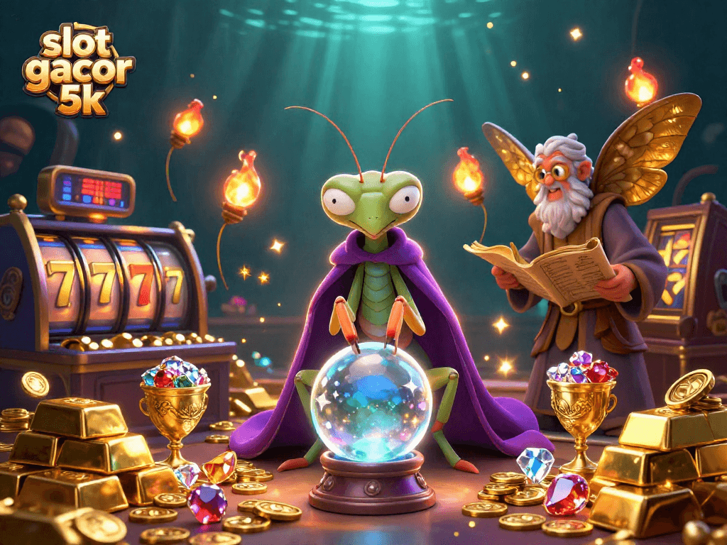 Spin winning reels with slot gacor 5k, featuring whimsical characters, gems, and colorful casino elements.