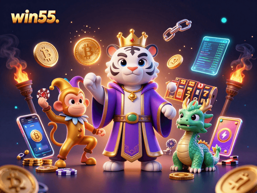 Engage with win55. in an animated casino scene featuring a royal tiger and playful monkey.