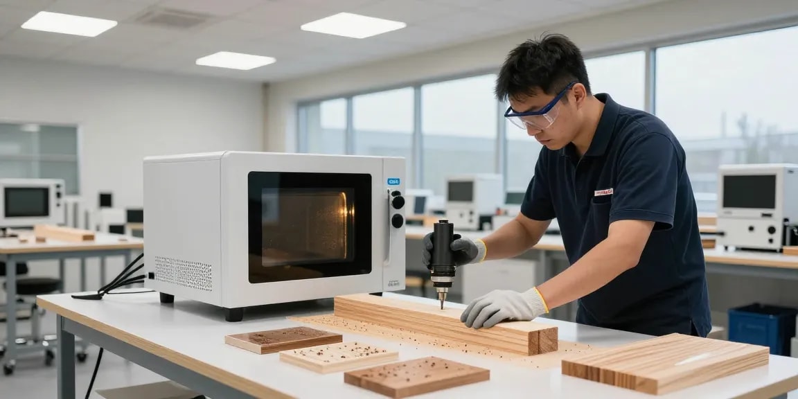 Shashel microwave device in use for chemical-free wood treatment against wood-boring insects.