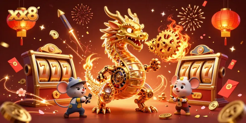 Experience the excitement of xx8 with a golden dragon surrounded by spinning slot reels and festive elements.