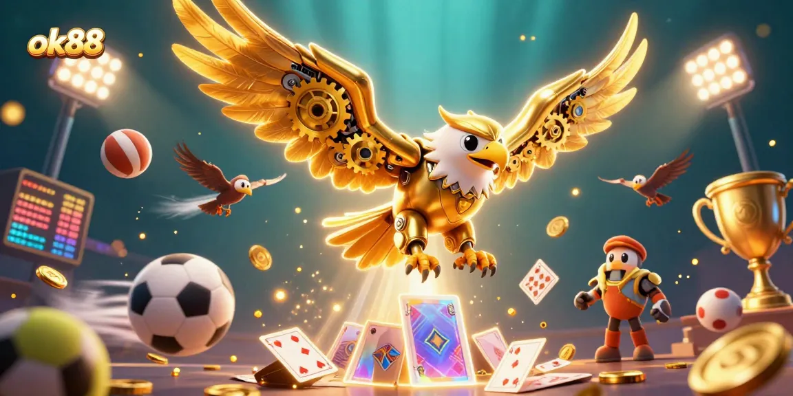 Experience the thrill of ok88 with a dynamic 3D scene of a golden eagle amidst sports betting elements.
