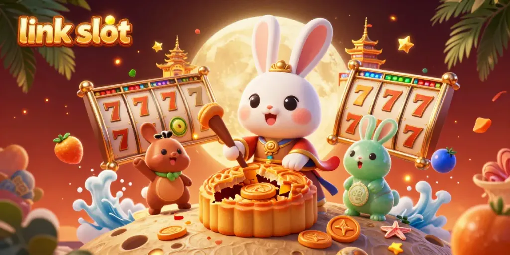 Experience the thrill of winning with link slot - 3D cartoon depiction of lunar-themed slot gaming.