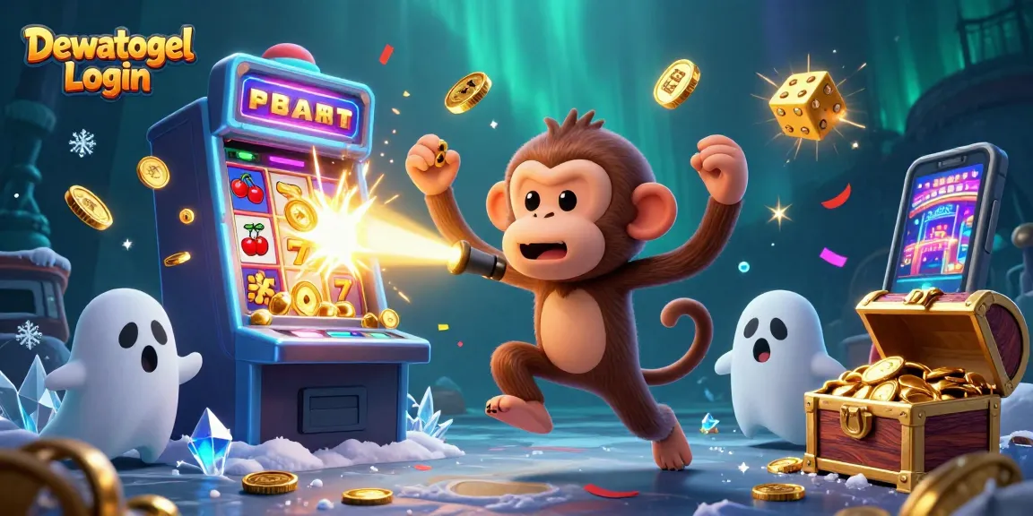Dewatogel Login scene featuring a playful monkey juggling casino items in a haunted casino.