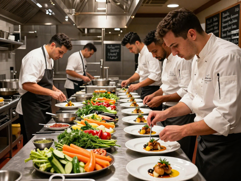 Chef skillfully arranging gourmet plates in a busy kitchen slot for dinner service.
