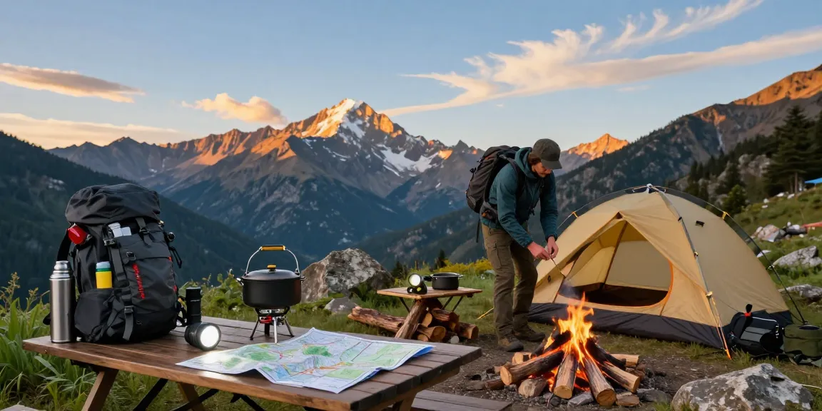 Adventurer preparing camping gear at sunset, showcasing rokok88 outdoor essentials in a stunning natural landscape.