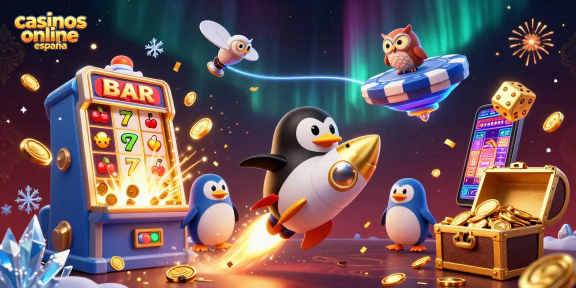 Juega a casinos online españa con el divertido pingüino dorado y tragamonedas en una escena vibrante.