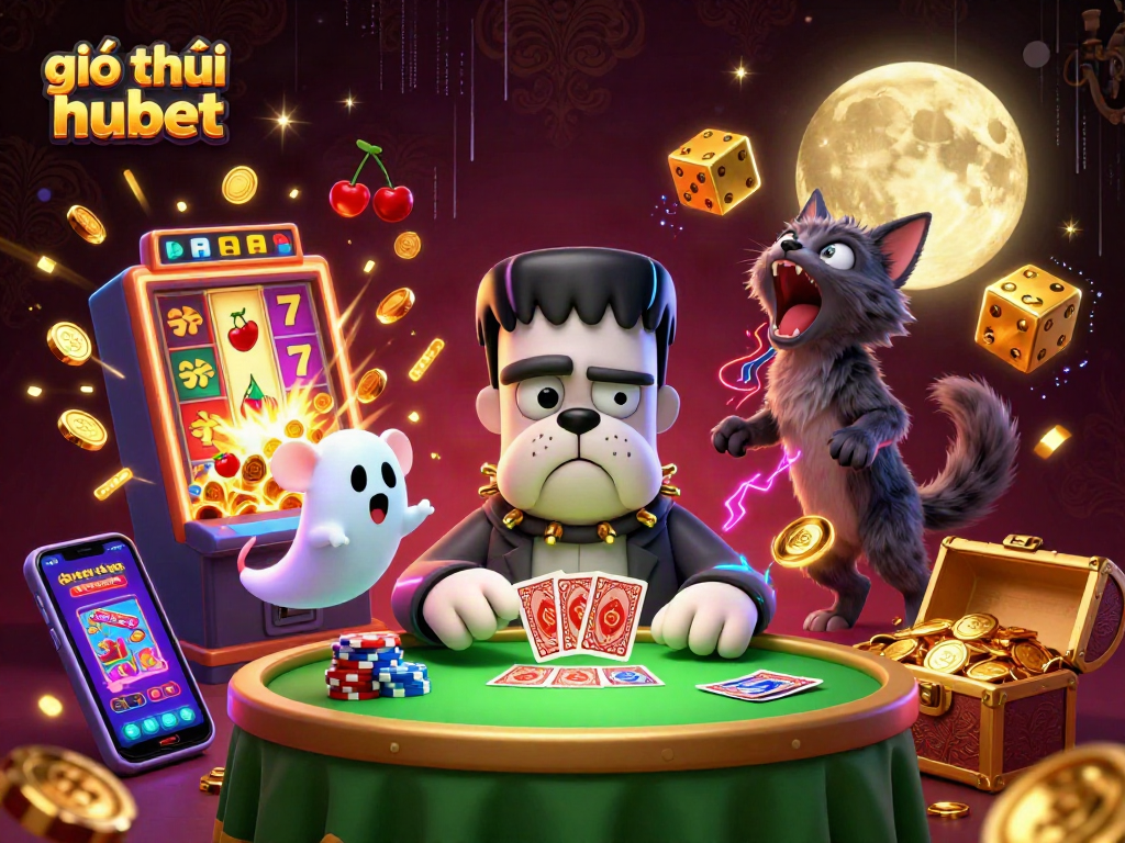 Engage with giới thiệu hubet featuring a spooky casino scene with iconic characters and thrilling elements.
