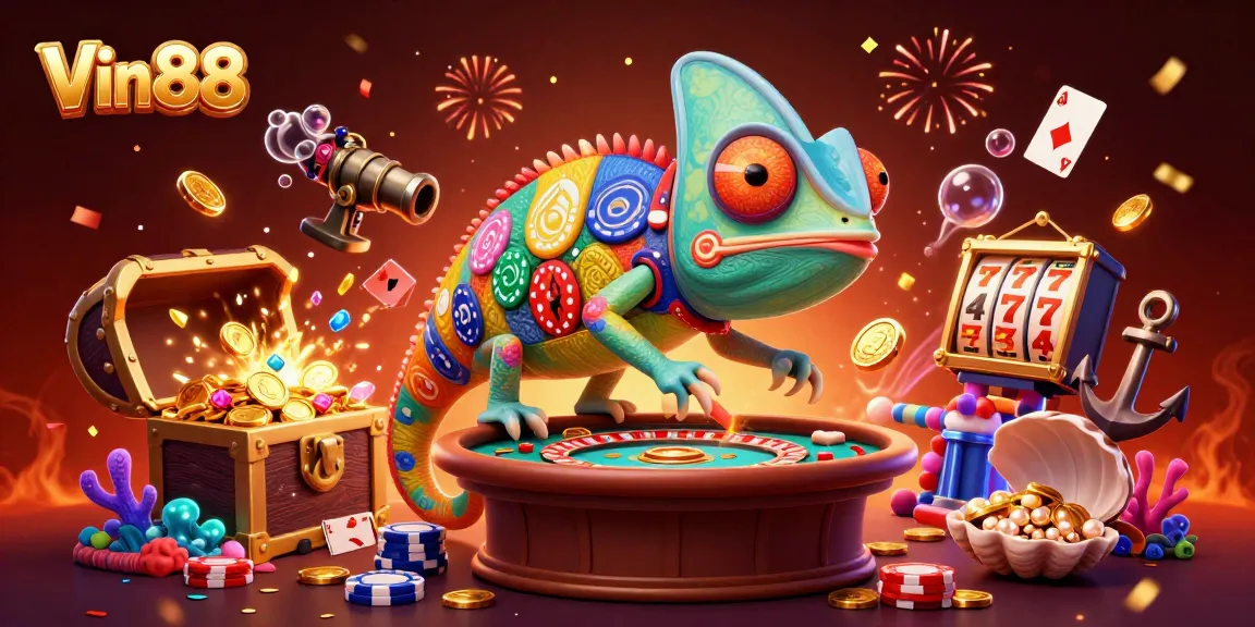 Win exciting rewards with Vin88's colorful casino adventure featuring a chameleon owner.