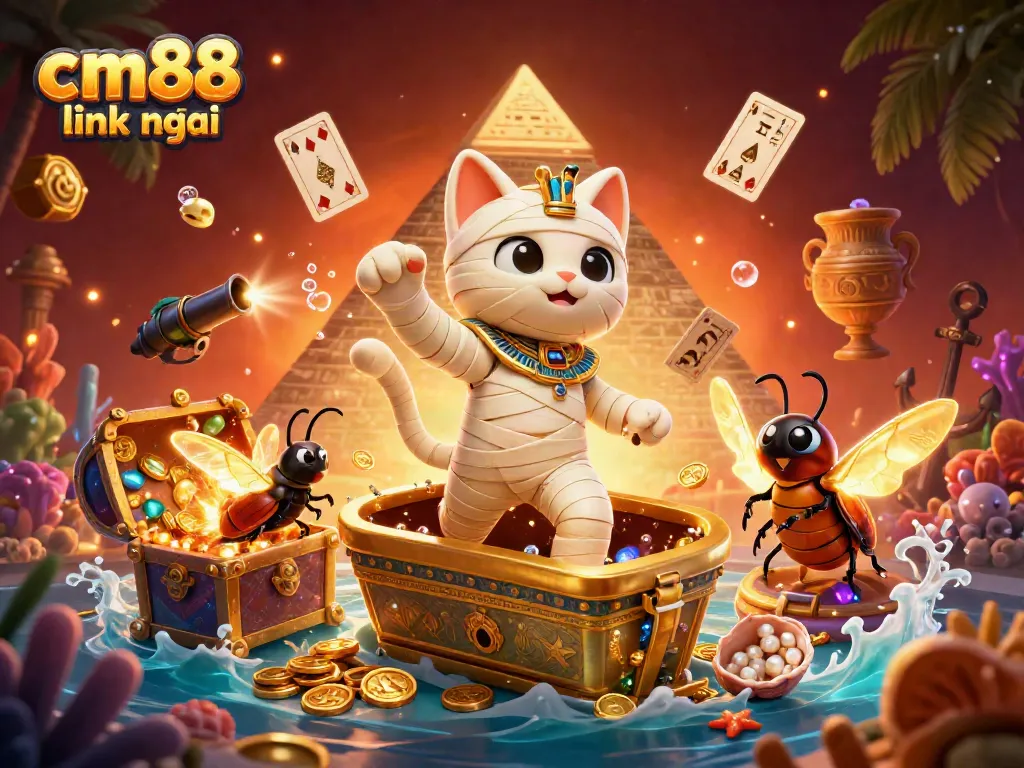 Experience the thrill of cm88 link mới with a vibrant casino scene featuring an Egyptian mummy cat and treasures.