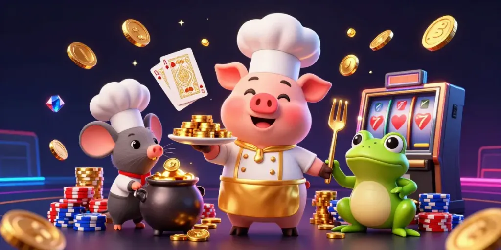 Engage in thrilling gameplay at 78wintx with vibrant casino elements featuring a chef pig, gold coins, and games.