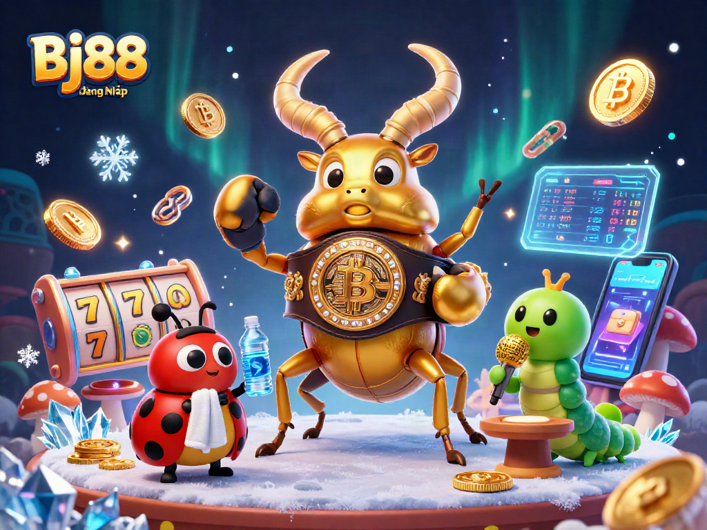 Bj88 Đăng Nhập with a golden stag beetle and lively casino game elements, showcasing excitement.