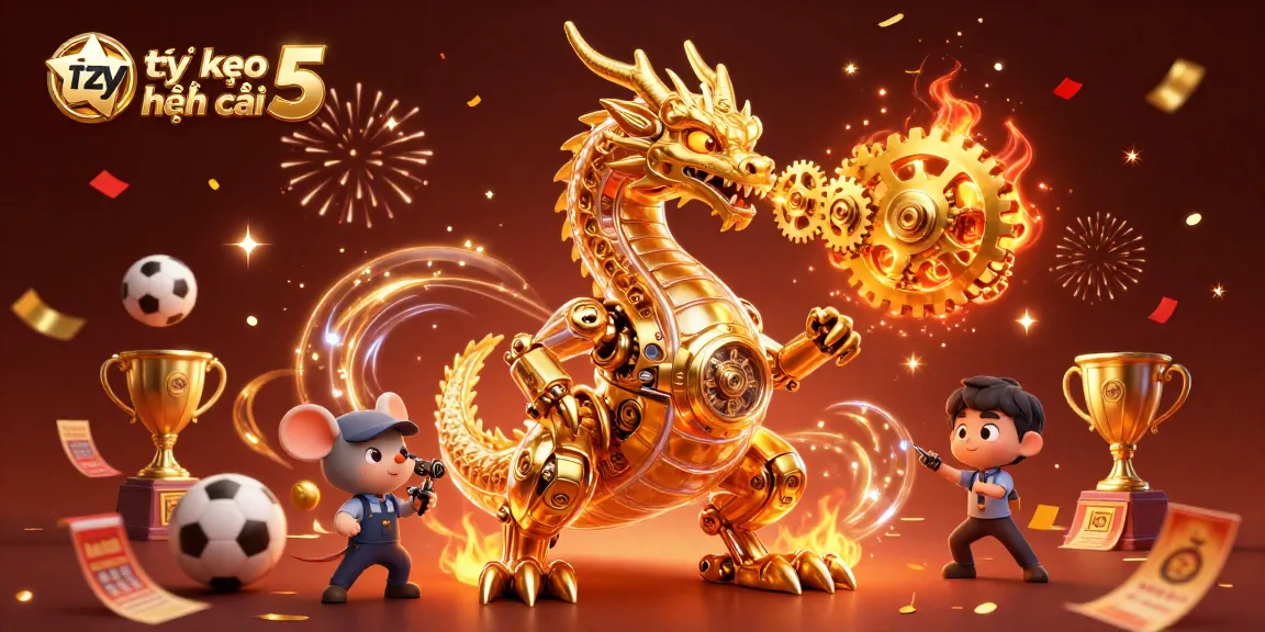 Engaging scene depicting tỷ lệ kèo nhà cái 5 with a golden dragon, sports betting elements, and dynamic visuals.