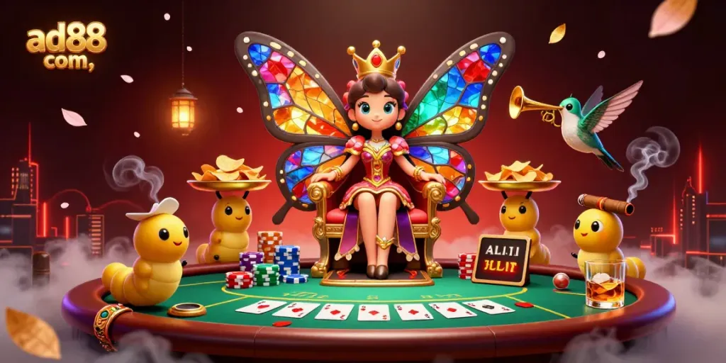 Join the thrilling action at ad88 com as the butterfly queen presides over a colorful poker game surrounded by excitement.