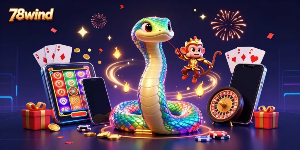Engage with thrills at 78wind, featuring an elaborate 3D casino scene showcasing dynamic gaming elements.