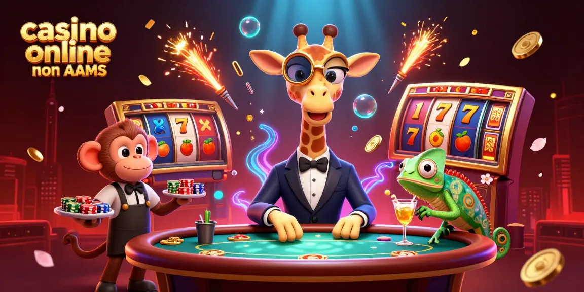 Scopri i migliori giochi nei casinò online non AAMS con la giraffa giocatore, chip e cocktail in un'avvincente scena di casinò.