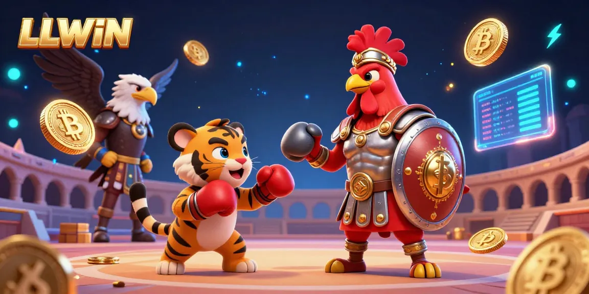 Engage with LLWIN's thrilling gaming experience featuring a gladiator rooster and vibrant casino elements.