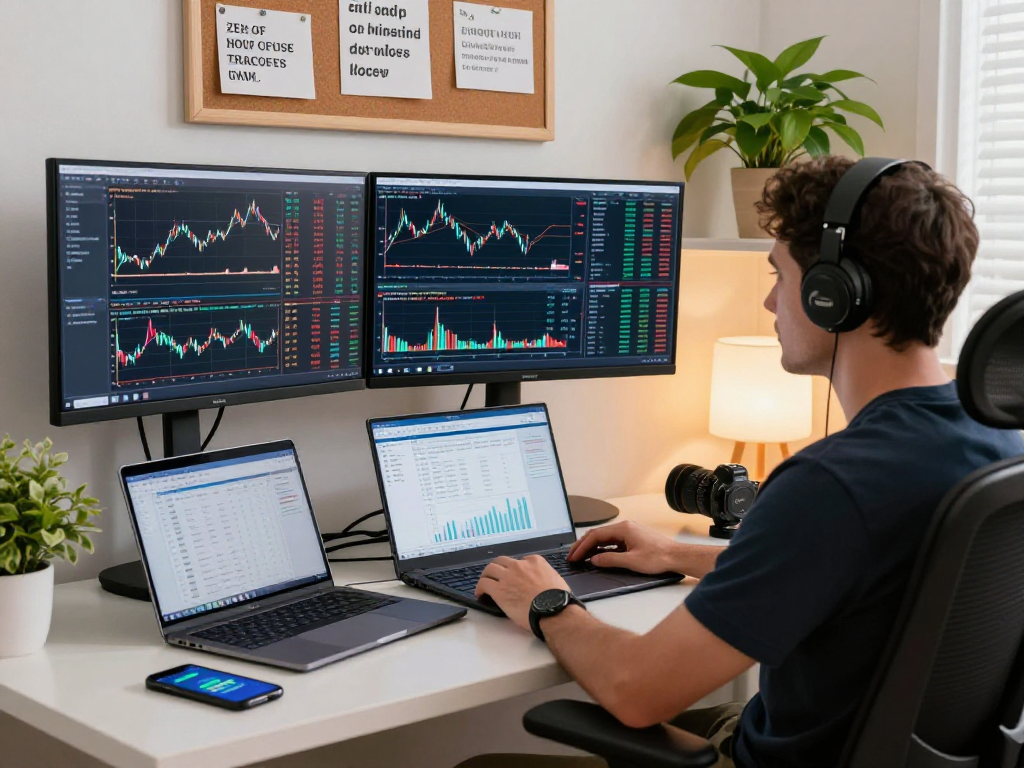 Trader analyzing financial charts with TradingView on multiple screens in a modern workspace.