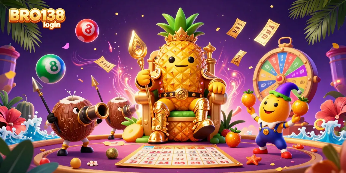 Engage with BRO138 login for vibrant casino fun featuring a golden pineapple king and exciting game elements.