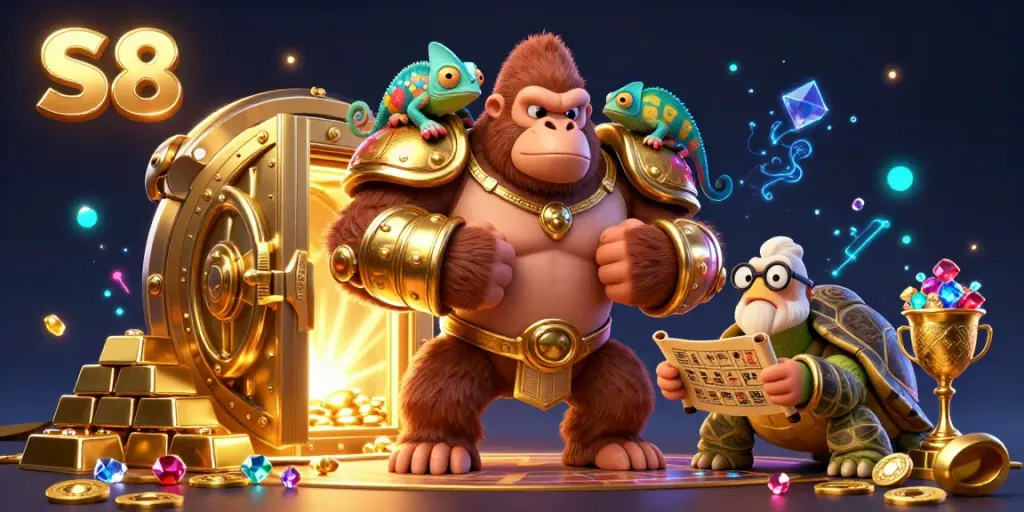 Experience the thrilling world of S8 casino with a gorilla king, colorful chameleon, and wise tortoise amidst treasures.