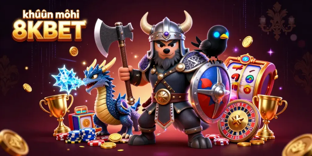 Engage with exciting promotions at khuyến mãi 8KBET featuring vibrant 3D characters in a casino scene.