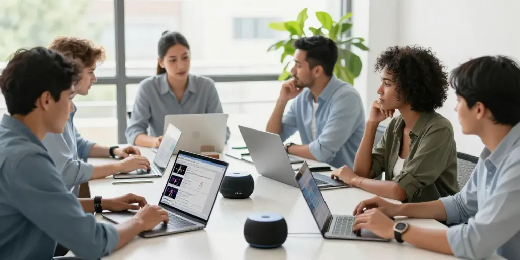Generate social media announcements with AI in a vibrant office setting involving a collaborative team.