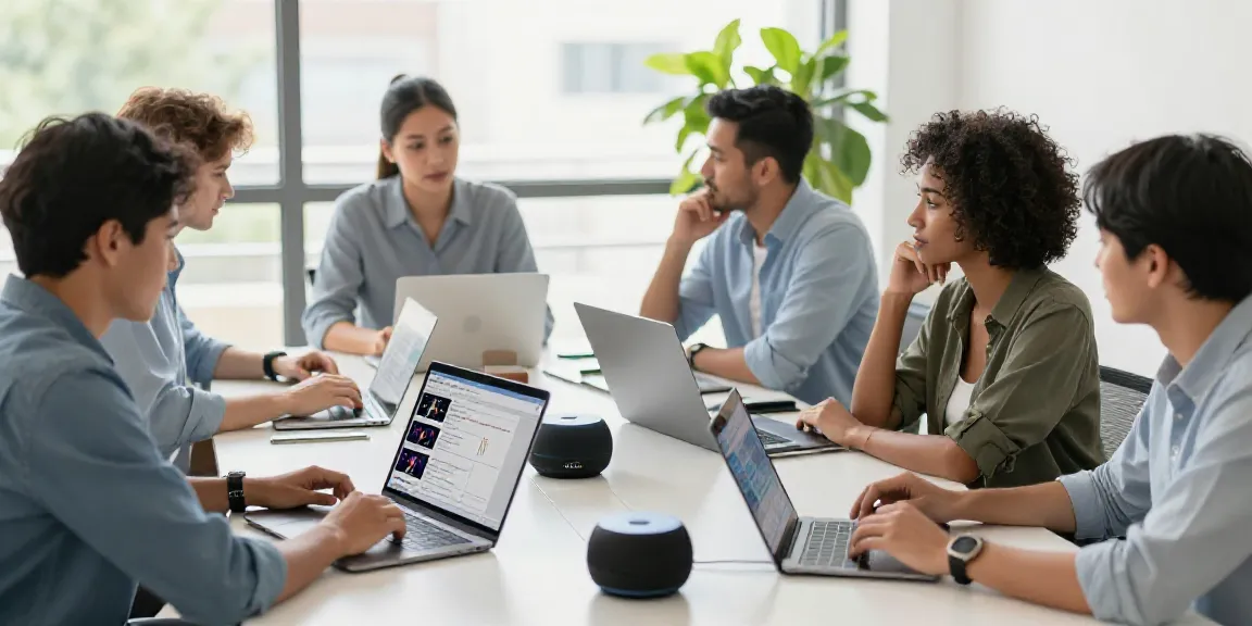 Generate social media announcements with AI in a vibrant office setting involving a collaborative team.