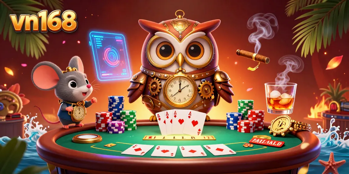 Experience the excitement at vn168 with a lively casino scene featuring an owl and mouse amidst dynamic poker action.