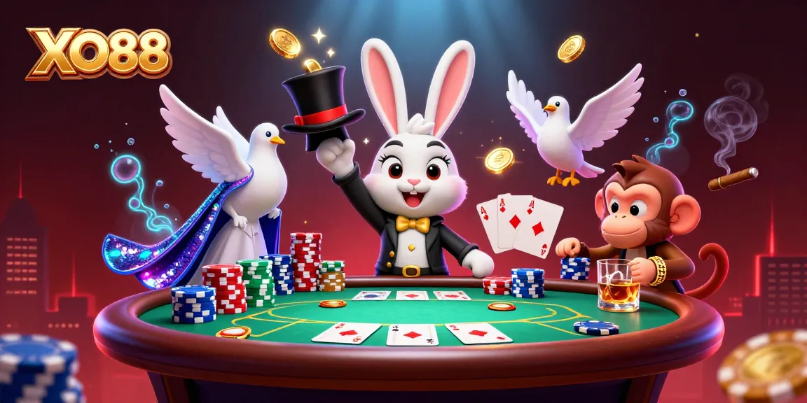 Experience the thrill of XO88 as the magician rabbit enchants with golden coins in a vibrant casino scene.