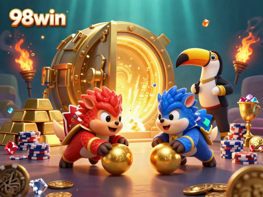 Experience the excitement of 98win with rival pangolins bowling through poker chips in a vibrant casino scene.