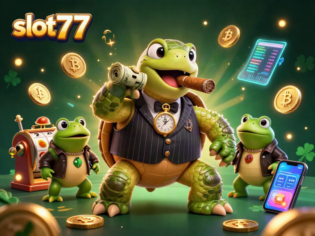 Mainkan slot777 dengan suasana kasino yang mendebarkan bersama kura-kura besar dan katak pengawal.