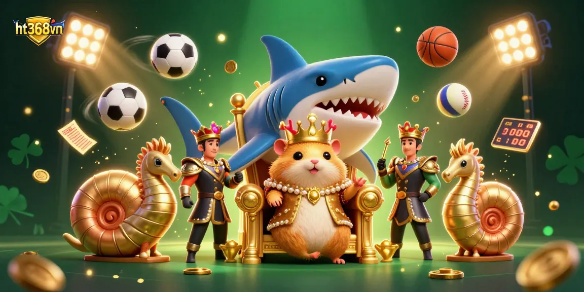 Engage with ht368vn's dynamic gaming experience featuring a golden hamster king ruling with a shark throne, sports elements, and vibrant atmosphere.