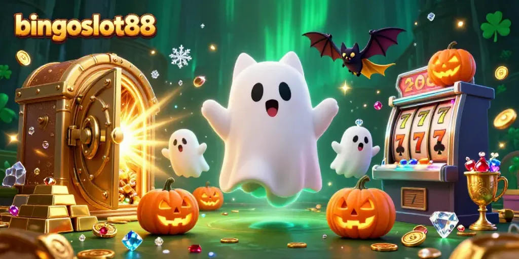 Permainan menarik di bingoslot88 dengan karakter kasino saat Halloween yang ceria.