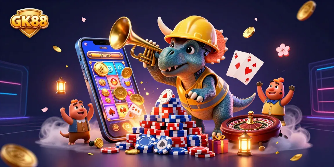 GK88 gaming scene features a triceratops building poker chips, celebrating wins with festive elements.