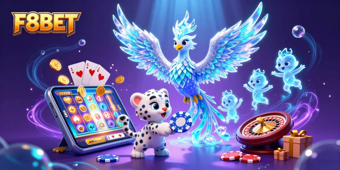 Play exciting games at F8BET with an illustrated ice phoenix and vibrant casino elements in a magical casino scene.