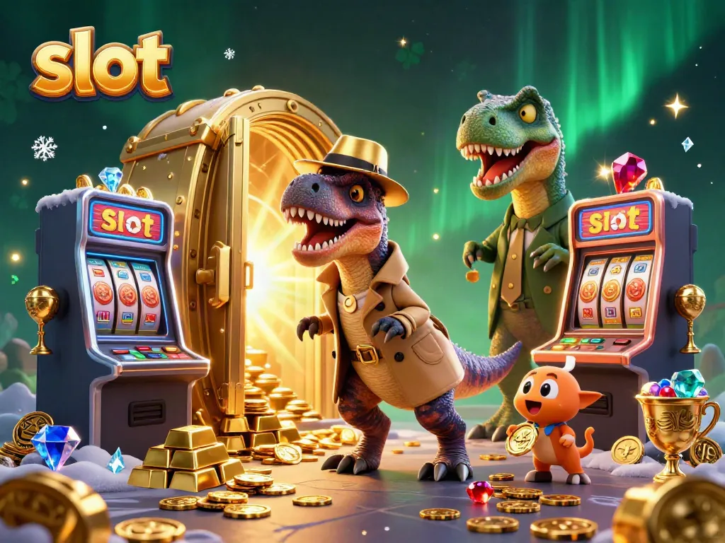 Mesin slot dengan velociraptor dan stegosaurus di kasino, menampilkan suasana penuh harta dan cahaya.