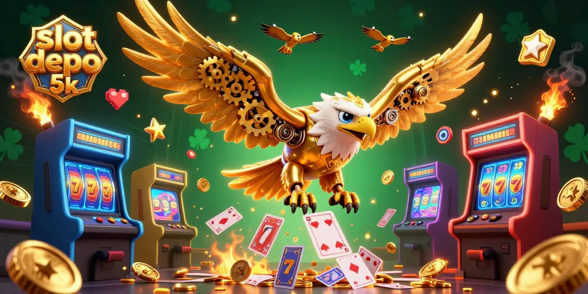 Experience thrilling action with slot depo 5k, featuring a dynamic eagle amidst colorful casino elements.