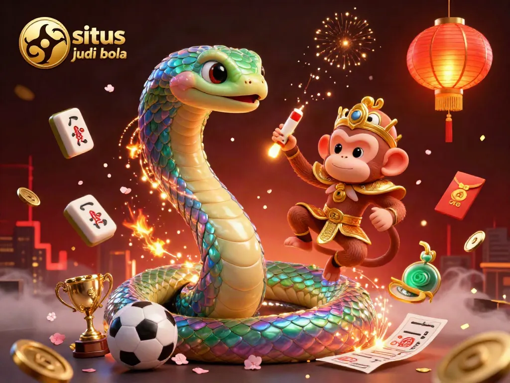 Engage with sports betting excitement on situs judi bola, featuring a vibrant scene of a rainbow serpent and monkey king.