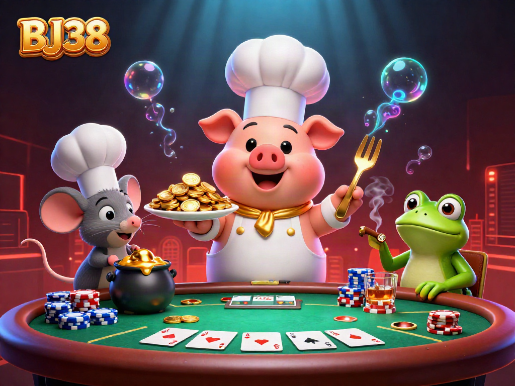 BJ38 showcases a vibrant casino scene with a pig chef serving gold coins, mouse sous-chef, and frog critic.