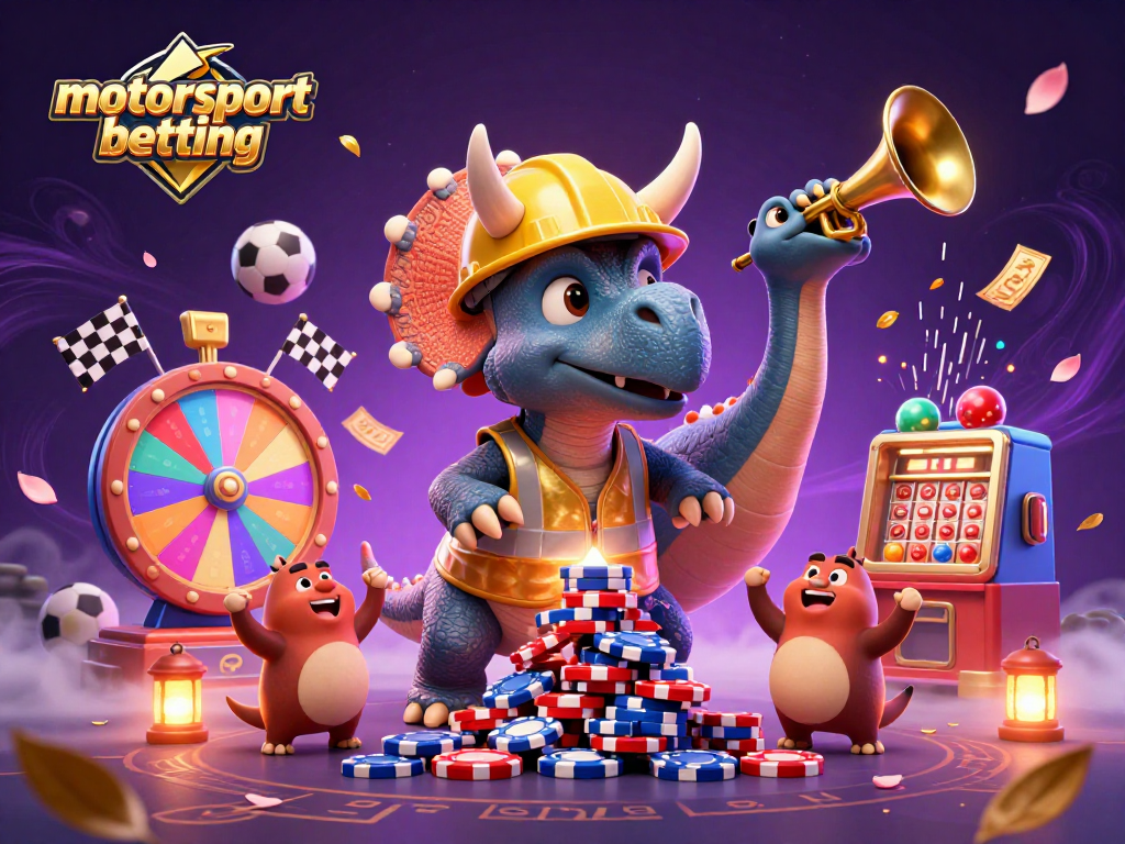 Experience motorsport betting excitement with dynamic characters and vibrant casino elements.